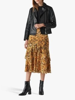 Whistles Adriana Leather Croc Embossed Biker Jacket, Black