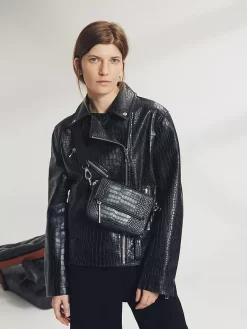 Whistles Adriana Leather Croc Embossed Biker Jacket, Black -Sports And Leisure Equipment Store 004341673alt10