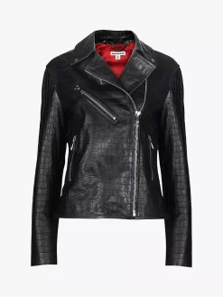 Whistles Adriana Leather Croc Embossed Biker Jacket, Black -Sports And Leisure Equipment Store 004341673alt2