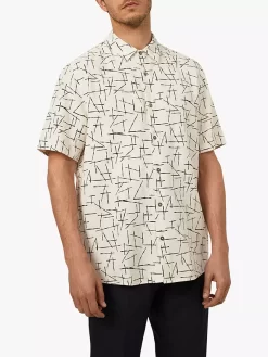 Warehouse Short Sleeve Line Print Linen Blend Shirt, Stone