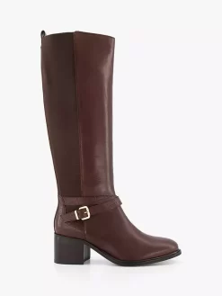 Dune Wide Fit Tildings Leather Buckle Detail Knee High Boots, Brown
