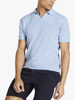 Moss Gaze Cotton Linen Blend Knit Polo Shirt, Sky
