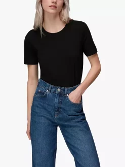 Whistles Rosa Double Trim Cotton T-Shirt, Black