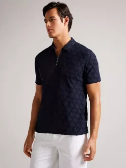 Ted Baker Coram Textured Zip Neck Polo Shirt, Navy