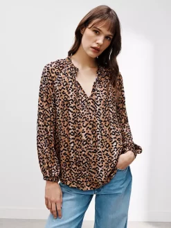 AND/OR Drawin Ikat Animal Print Blouse, Brown/Multi