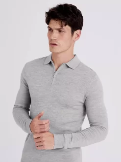Moss Merino-Blend Zip Polo, Grey