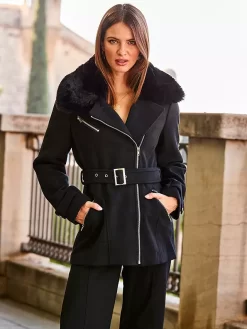 Front Page 7 Sosandar Wool Blend Faux Fur Collar Coat, Black