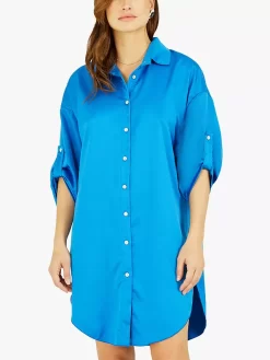 Yumi Mela London Satin Shirt Dress, Bright Blue