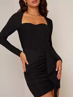Chi Chi London Long Sleeve Glitter Drape Mini Dress, Black -Sports And Leisure Equipment Store 006366590alt3