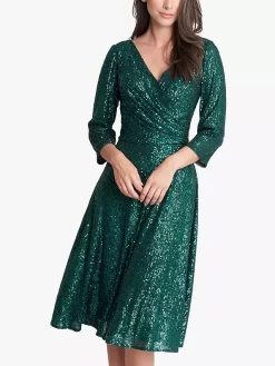 Gina Bacconi Libbie Midi A-Line Sequin Knee Length Dress, Emerald