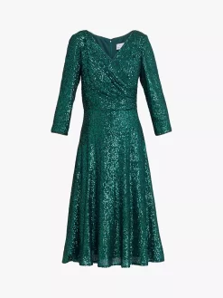 Gina Bacconi Libbie Midi A-Line Sequin Knee Length Dress, Emerald -Sports And Leisure Equipment Store 006369018alt3