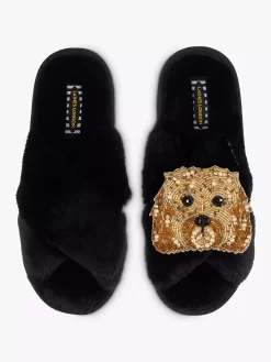 Laines London Classic Enk Dog Faux Fur Slippers, Black
