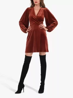 Closet London Velvet Wrap Mini Dress, Brown