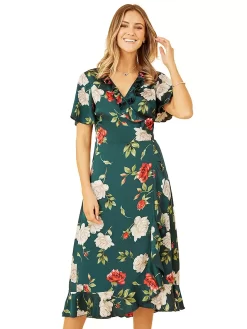 Yumi Satin Rose Print Wrap Dress, Green