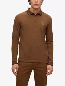Hugo Boss BOSS Passer Tipped Long Sleeve Polo Shirt, Medium Brown