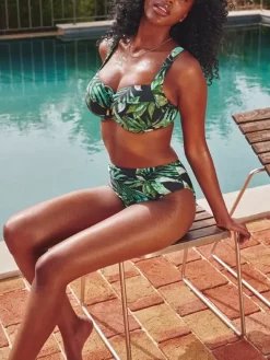 Panache Swim Bali Palm Print Midi Gather Pant, Black/Green