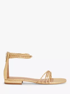 AND/OR Notes Leather Flat Braided Sandals, Gold