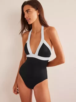 Boden Panelled Halter Neck Swimsuit, Black/white