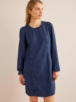 Boden Denim Blouson Shift Mini Dress, Mid Denim