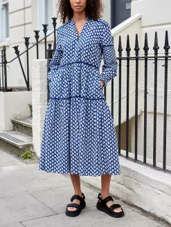 Great Plains Aspen Bloom Tiered Long Sleeve Dress, Summer Navy