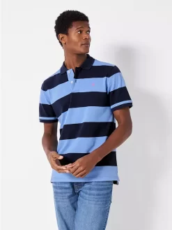 Crew Clothing Heritage Stripe Short Sleeve Polo Top, Light Blue/Navy