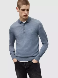 AllSaints Mode Merino Slim Fit Polo Shirt, Como Blue Marl