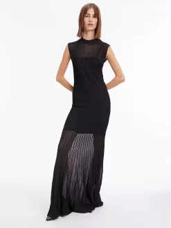 Calvin Klein Ottoman Sheer Pleated Maxi Dress, Black