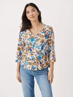 Part Two Riekes Cotton Floral V-Neck Top, Blue
