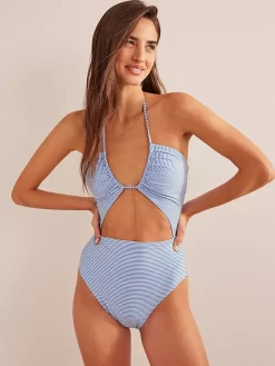 Boden Cutout String Swimsuit, Blue Ivory Stripe