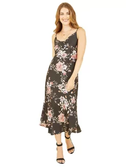 Yumi Floral Print Slip Midi Dress, Black