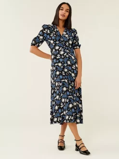 Finery Deandra Puff Sleeve Midi Dress, Black/Multi