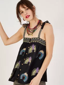 Monsoon Embroidered Sleeveless Top, Black