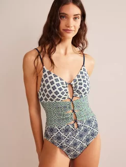 Boden Gathered Cut Out Swimsuit, Ivory/Multi