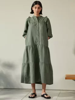 Albaray Ruffle Shoulder Linen Shirt Dress, Khaki