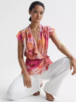 Reiss Corey Tropical Print Wrap Blouse, Pink/Multi