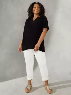 Live Unlimited Curve Crochet Trim Woven V Neck Blouse, Black