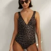 Albaray Leopard Print Plunge Neck Swimsuit, Brown -Sports And Leisure Equipment Store 006591186