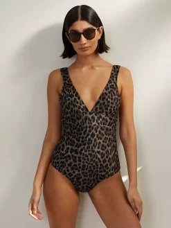 Albaray Leopard Print Plunge Neck Swimsuit, Brown