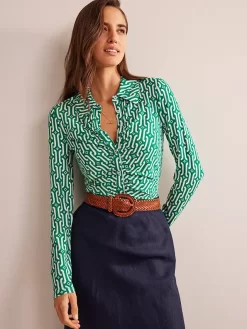 Boden Printed Jersey Shirt, Green/White