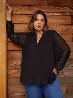 Live Unlimited Curve Pleated Boho Blouse, Black