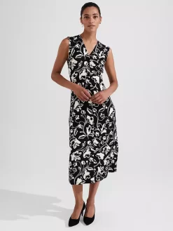Hobbs Joanna Monochrome Floral Jersey Midi Dress, Black/Cream -Sports And Leisure Equipment Store 006664887