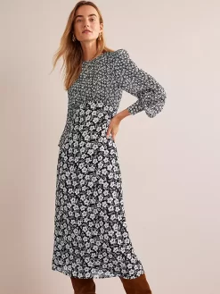 Boden Petal Pop Mixed Print Empire Line Midi Tea Dress, Black/Multi